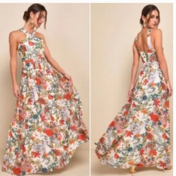 Lulus Lilja Cream Floral Print Maxi Dress Cream Fall L 🆕⌚🏃⚡💨🚚 - Picture 1 of 16